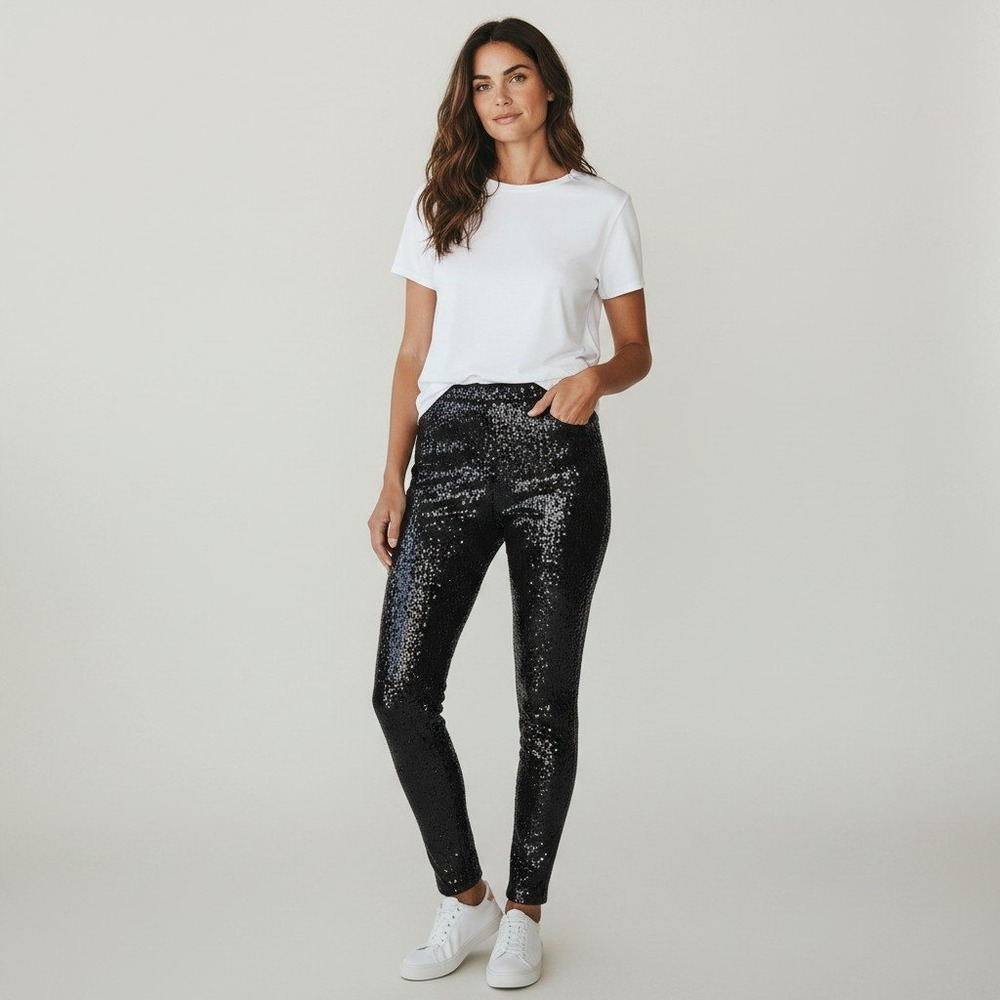 Sequin Sparkle Pants L Black High Rise Glam Party Retro Y2K Glitter Trousers